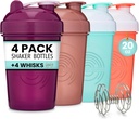 GOMOYO 4- Pack - 20 Ounce Shaker Bottle, Protein Shaker Wire Whisk x4, Bulk Protein Drink and Pre- Workout Shaker Cups, Dishwaer Safe & BPA Free