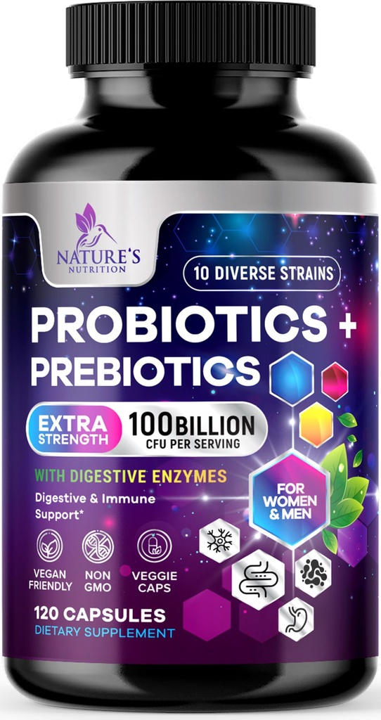 Probiotyki 100 Miliard CFU na serwowanie - 10 Premium Cieśnin + Prebiotyki - Najlepszy suplement Probiotyczny dla kobiet i mężczyzn - Wspiera immunologiczne, trawienne zdrowie, Sporadyczne zaparcia i gaz - 120 Kapsułki