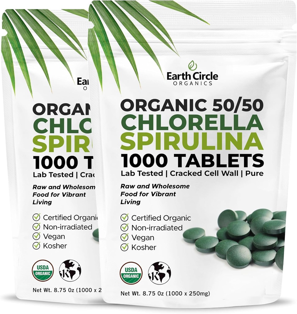 Premium Organic CHLORELLA / SPIRULINA 1000 Tablets (50 / 50) Kosher, Vegan - Green Algae Superfood, Cracked Cell Wall, Chlorophyll, Wysoka zawartość białka i żelaza, bez dodatków lub wypełniaczy 8.75 Oz (2 opakowania)