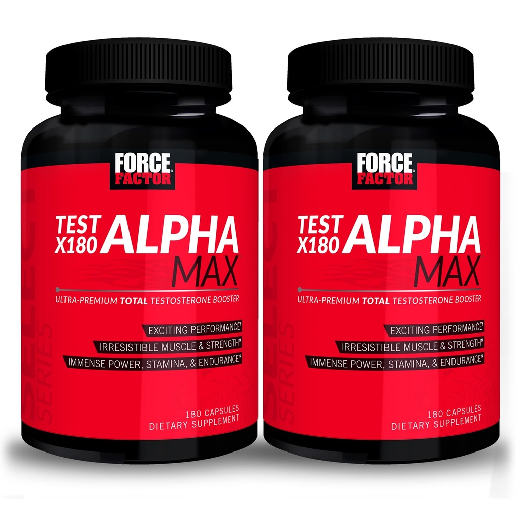 FORCE FACTOR Test X180 Alpha Max, 2- Pack, Total Testosteron i Azoksyd Nitric Booster dla mężczyzn z kozieradką nasion i Tribulus do zwiększenia przepływu krwi i poprawić męskiej sprawności atletycznej, 360 Kapsułki