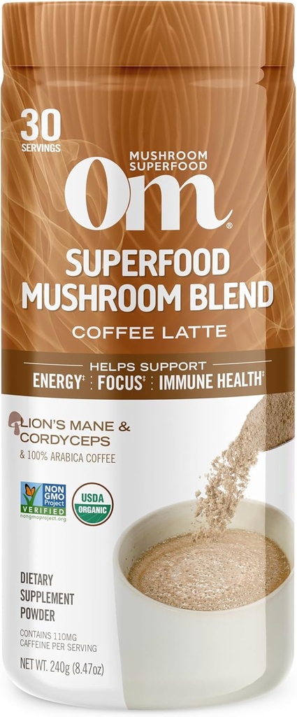 OM MUSHROOM SUPERFOOD Coffee Latte Blend Mushroom Powder, 8.47 Ounce Canister, 30 Servings, Lion's Mane, Cordyceps, Reishi, Chaga, Energy & Mental Clarity Support Supplement