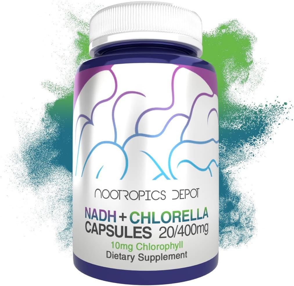 Nootropics Depot NADH + Chlorophyll 10mg kapsułki 124; Nikotynamid Dinukleotyd adeniny 20mg Dinukleotyd 124; Chlorella vulgaris (Broken Cell) 400mg Dingaris 124; Energia, Alertywność, Jasność mentalna, & Zdrowe Starzenie, 90 Hrabia