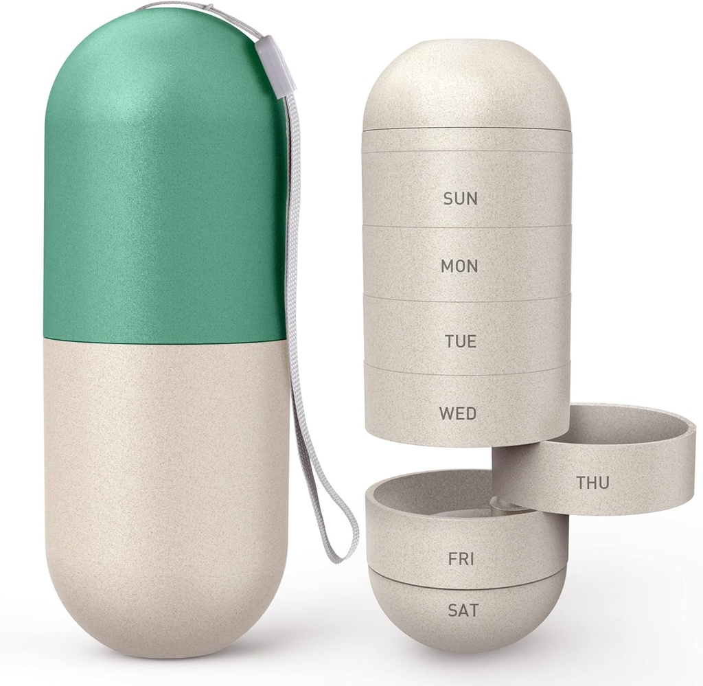 Zannaki Upgrade duży skład ziarno Fiber Moisture Dowód Cute Cotygodniowy Pill Organizator, Laserowe rzeźbiarstwo Znaki, BPA Free Travel Turystyka 7 dzień Pill Box Case Hold Pills, Witaminy, Olej rybny, Suplementy