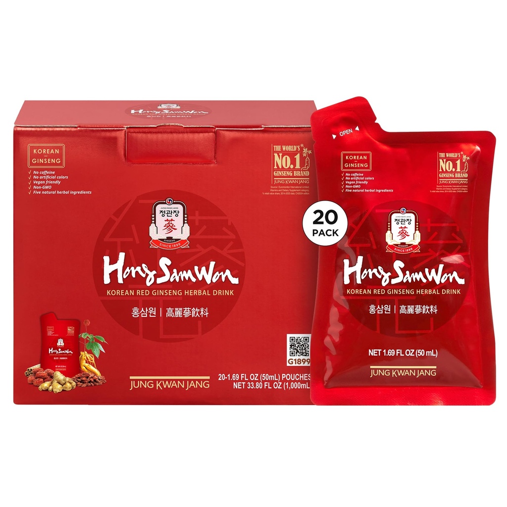 JUNG KWAN JANG Hong Sam wygrał koreański Red Ginseng Drink 124; Napoje energetyczne, Wstępne ćwiczenia, Herbatka ziołowa, suplement Ginseng Agregat 124; Jujube, Ginger, Cynamon, Goji Berry Agregat 124; Wegan Friendly (20 Count)