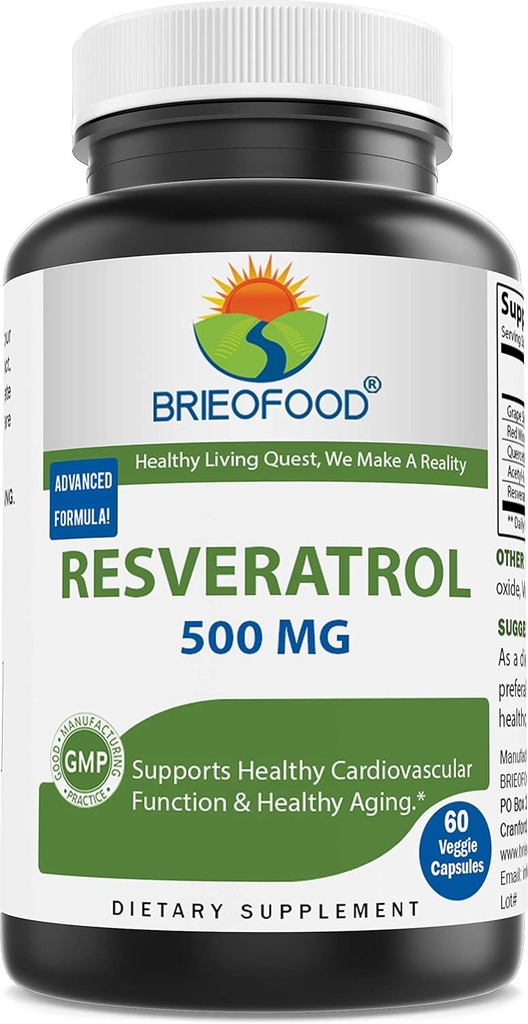 Brieofood Resveratrol 500mg - Natural Antioksydant Supplement for cardioviral & Immune System Health - 60 Veggie kapsułki