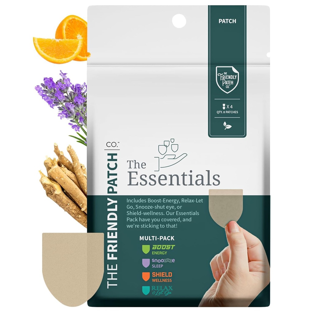 Friendly Patch Travel Essentials Multi- Pack zawiera 8 części: Snooze Sen Patches, Ashwagandha spokojne Patches, Boost Energy Patch, i Shield Patches for Sleeping, Relaxing, and Energy.