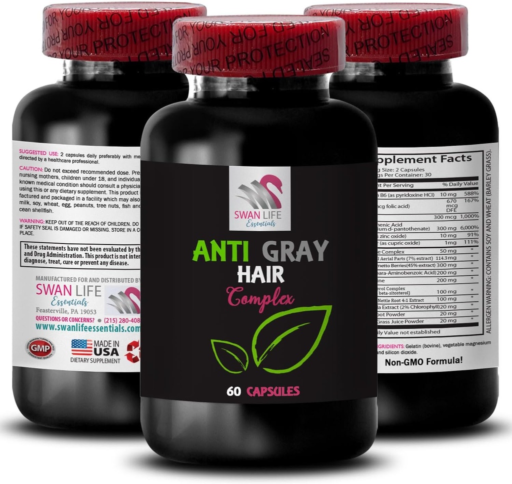 Anti gray hair pills - ANTI GRAY HAIR COMPLEX - Color vitality, Gray hair care, Fresh tone, Vibrant color, Anti gray hair supplement, Hair shade control, Youthful look 1 Bottle 60 Capsules