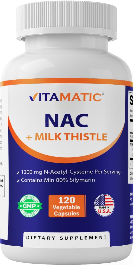 Vitamatic NAC Supplement N- Acetyl- L- Cysteine (NAC) with Milk Thistle 50: 1 Extract - Wspiera immunologiczne, oddechowe, Zdrowie wątroby, 1200 mg na jedną porcję, 120 Kapsułek Veg