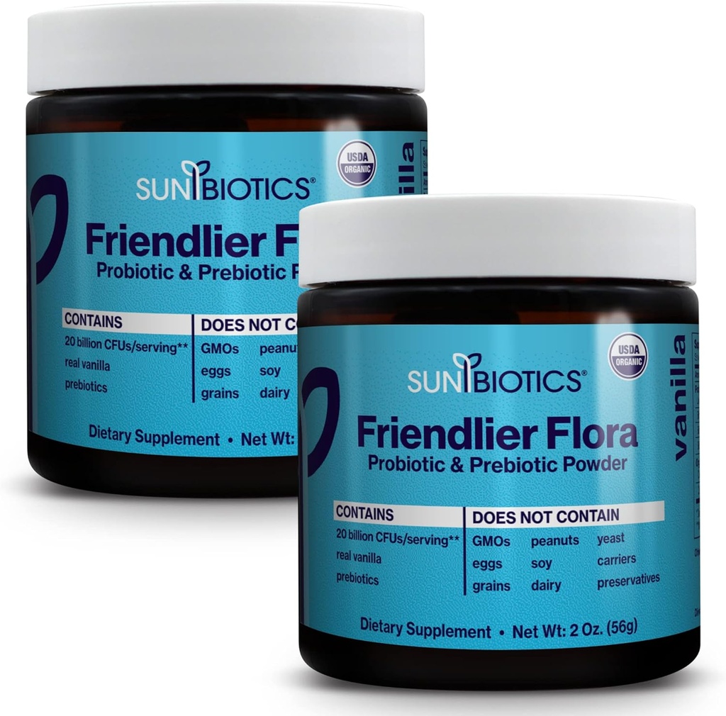Friendlier Flora SUNBIOTICS - Proszek prebiotyczny i probiotyczny dla kobiet i mężczyzn z 20 Milionami CFU z 4 Probiotycznymi cieśninami dla dobrego Gut Flora, System immunologiczny i zbalansowany mikrobiom - Vanilla, (opakowanie 2)