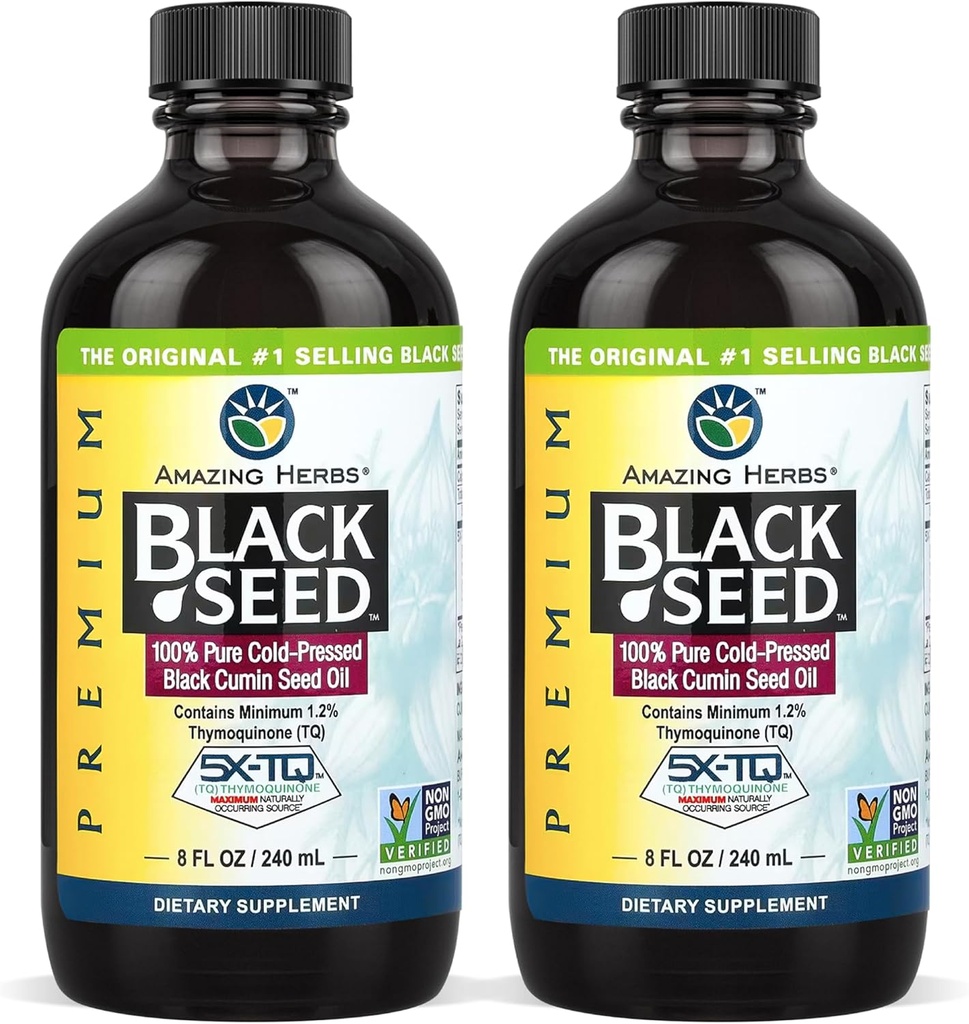 Niesamowite zioła Premium Black Seed Oil - Gluten Free, Nie GMO, Cold Pressed Nigella Sativa Aid in Digestive Health, Wsparcie immunologiczne, Funkcje mózgu - 8 Fl Oz (Pack of 2)