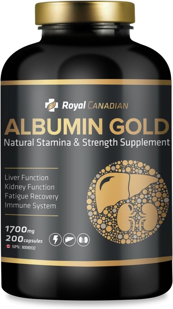 ROYAL CANADIAN Albumina Złoto 1700mg 124; Wątroba Funkcje 124; Nerki Funkcje 124; Zmęczenie Odzysk 124; System immunologiczny (200 x 1700mg kapsułki)