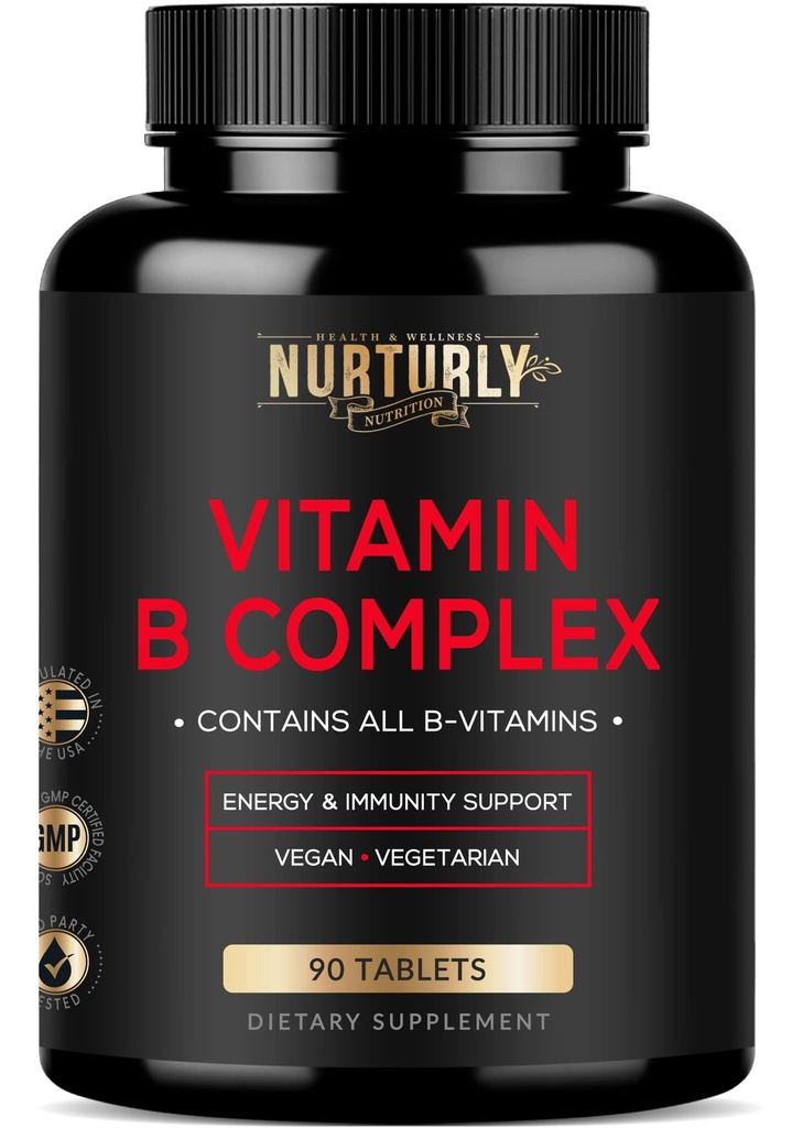 Witamina B Complex - Zawiera wszystkie niezbędne witaminy B - B1, B2, B3, B5, B6, B7, B9, B12 i Biotin - Super B Complex Vitamin for Energy, Immunity and Mood Support - 90 Tablets