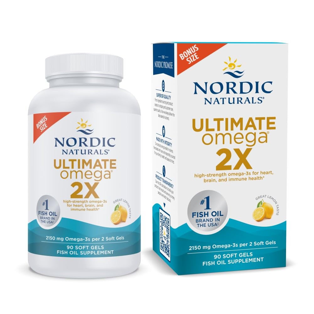 Nordic Naturals Ultimate Omega 2X, Lemon Flavor - 90 Soft żele - 2150 mg Omega- Wysokiej mocy Omega-3 Olej rybny z EPA & DHA - Promotes Brain & Heart Health - Non-GMO - 45 Służenie