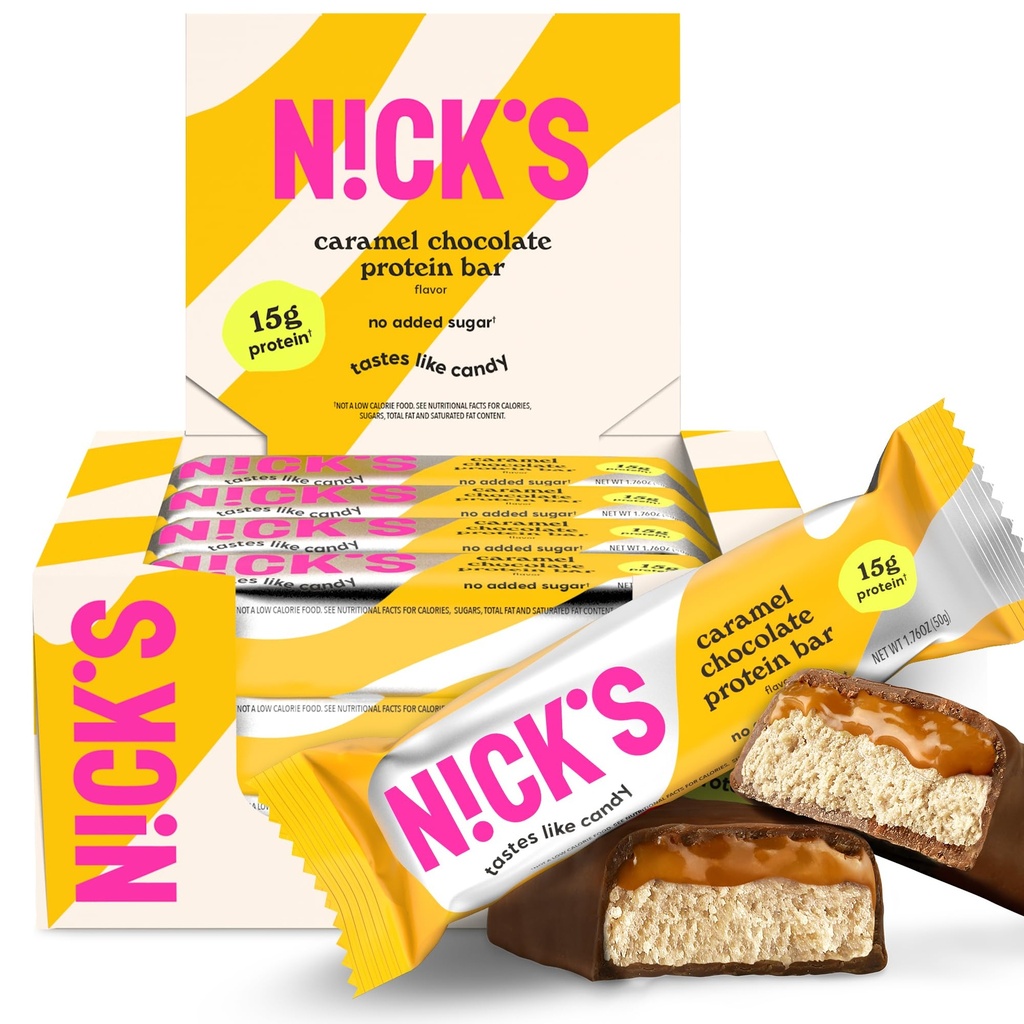 Czekoladowe karmelowe batoniki Nicka - 12- Count Box Xi124; Wysokie białko, niskokaloryczne, niskie węglowodany, keto friendly, bez dodatku cukru