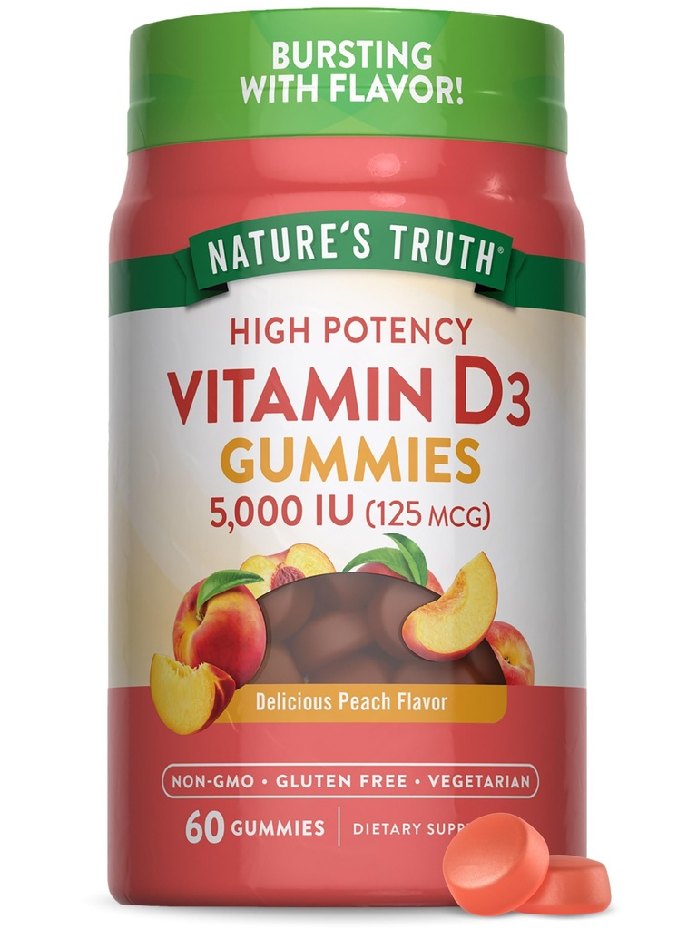 Nature 's Truth Witamina D3 Gummies XI124; 5000 IU XI124; 60 Count XI124; Peach Flavor XI124; Wegetarianin, Non-GMO & gluten