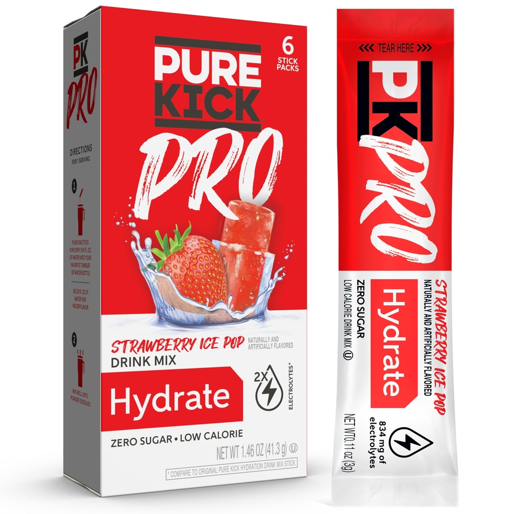 PURE KICK PRO Hydration Electrolyte Drink Mix, Pop truskawkowy, Zawiera 1 pudełko z 6 paczkami w każdym pudełku