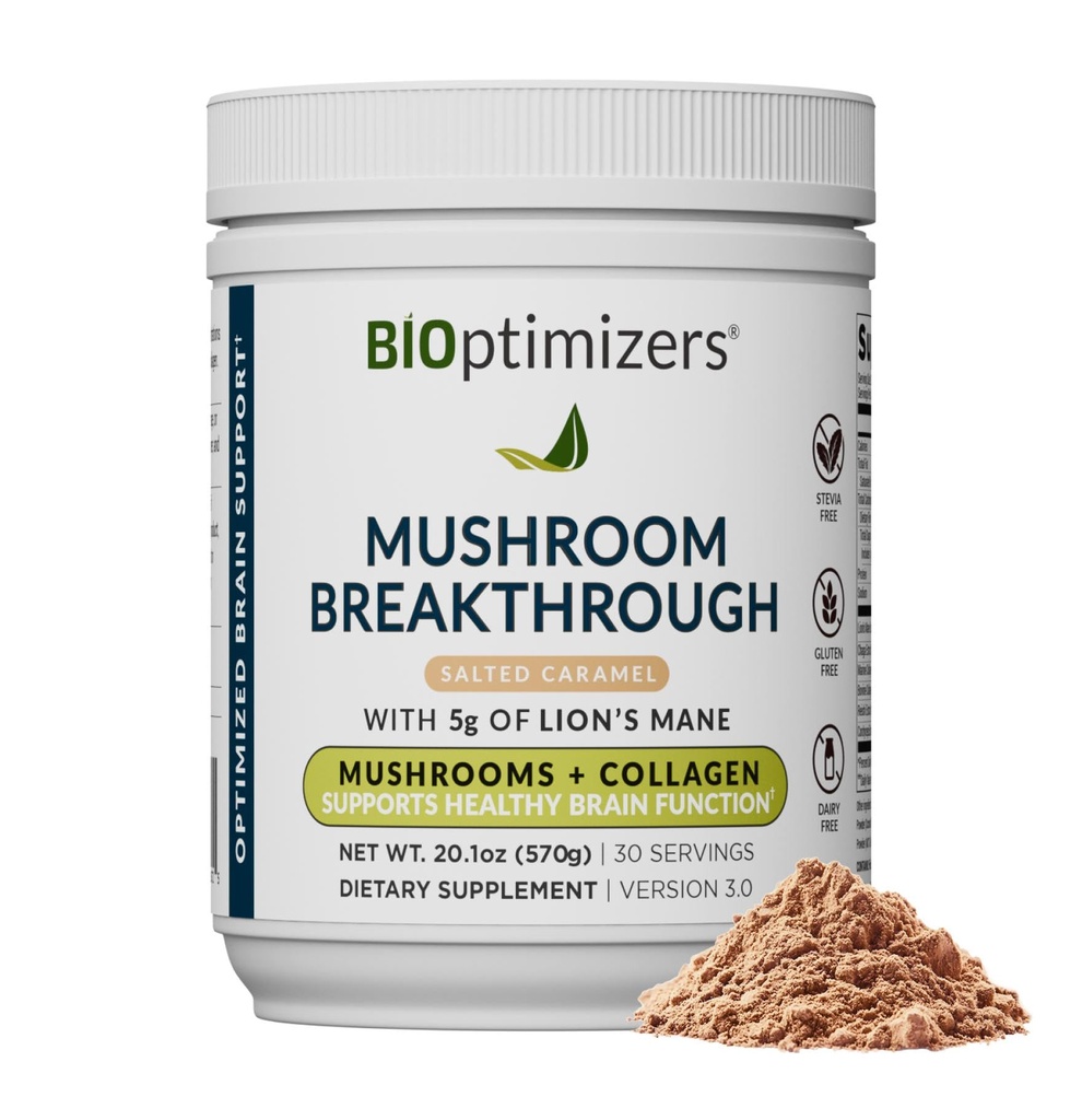 BIOptimizers Mushroom Coffee Alternative - Solone Karmel Drink - Lwie grzyba, Chaga, Reishi + Kolagen Peptides for Focus, Energy & Gut Health - Adaptogenetic Mushroom & MCT Proszek - 30 Służenia