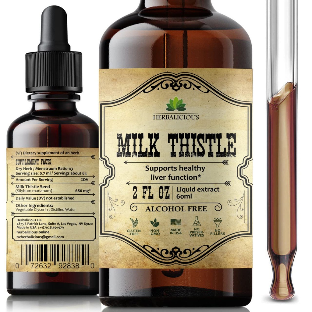 Ekstrakt HERBALICIOUS Milk Tistle - All- Natural Cleanse and Detox Supplement for Liver Support, Immune System Boost and Skin Health - Silymarin Nutritional Supplement - 2 fl Oz