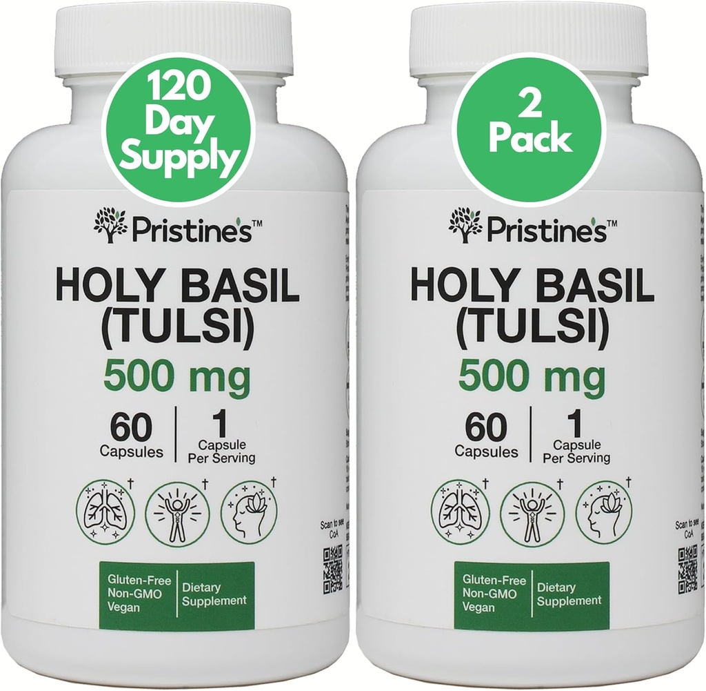 PRISTINE 'S Holy Basil (Tulsi) 500 mg (2 pack) Relaks i Immunitet Supplement Adaptogen - 120 Day Supply - Holy Basil Leaf Capsules - Vegan - Non-GMO - Gluten Free Supplements