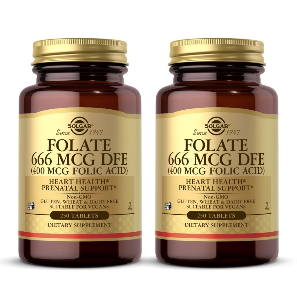 Solgar Folate 666 mcg DFE (Kwas foliowy 400 mcg) - 250 tabletek, Opakowanie 2 - Wsparcie prenatalne - Non-GMO, Wegan, Gluten Free, Dairy Free, Kosher - 500 Wszystkich Sług