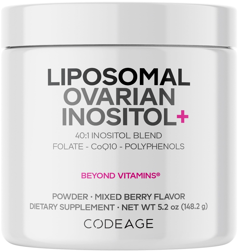 Codeage Liposomal Ovarian Inositol Proszek - Myo- Inositol & D- Chiro- Inositol 40: 1 Mieszanka, Folate 5- MTHF, CoQ10, Pomegranat & Wild Blueberry - 2-Mieszane Dostawy - Mieszany Flavor Berry - Non-GMO, 60 Służenie