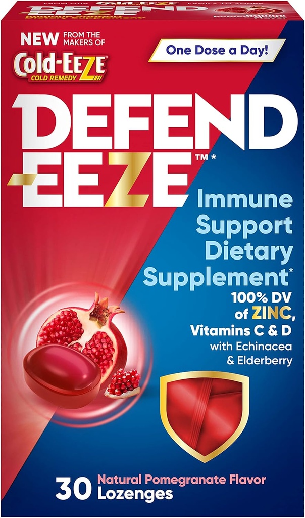 Defend- EEZE immunologicznego wsparcia suplement diety Lozenges, 100% Dzienna wartość cynku, Witaminy C & D na dawkę, z Echinacea & Elderberry, Pomegranat Flavor, 30 Lozenges
