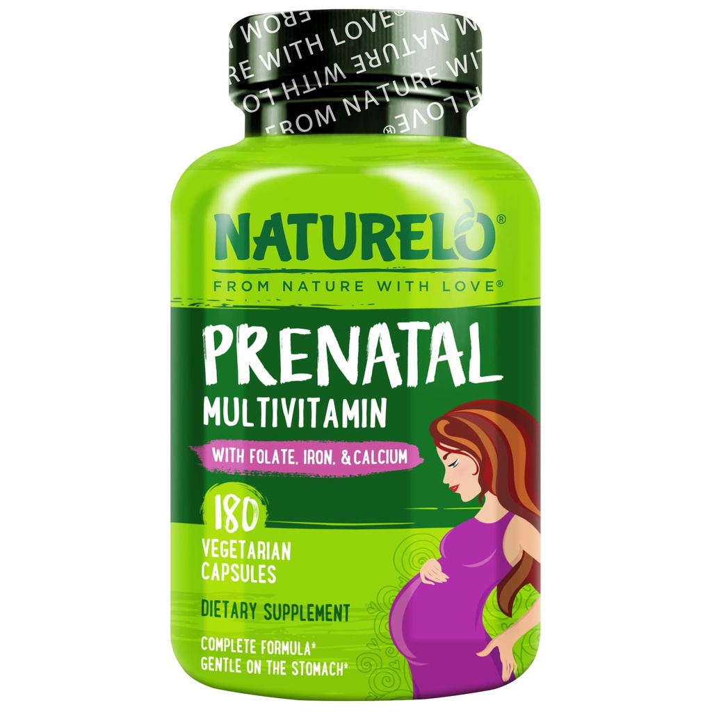 NATURELO Prenatal Multivitamin z łagodnym żelazem chelatowanym, Metylu Folate, Roślina Wapń & Cholina - Wegan, Wegetarianin - Non-GMO - Gluten Free - 180 Kapsułki - 2 Miesiąc dostaw