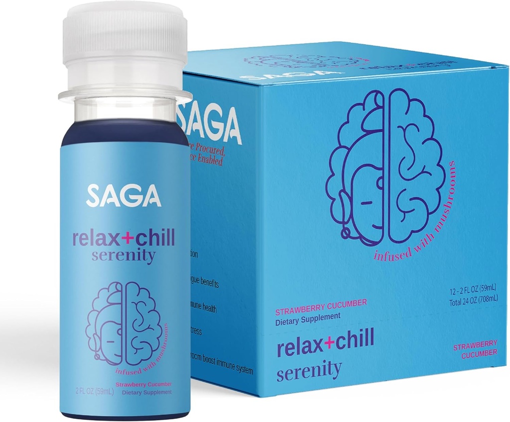 SAGA Organic Relaxation Shots: 124; Zawiera Adaptogens & Mushrooms - Lion 's Mane & Kava: 124; Wysoka dostępność biologiczna & Szybka Onset: 124; Wzrost nastroju i zmniejszenia zmęczenia: 124; Truskawka Cucumer 2oz Shots (12- Pack)