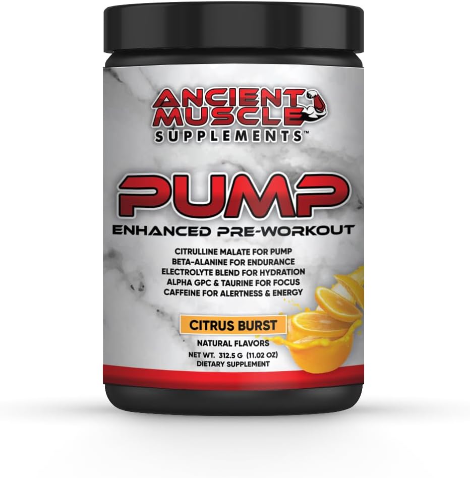 Pompa PreWorkout Suplement z Citrulline Malate, Beta Alanine, Alpha GPC - Wzmocniony suplement pompy Poprawia energię, Focus & Absorpcja - Proszek białka Burst Citrus