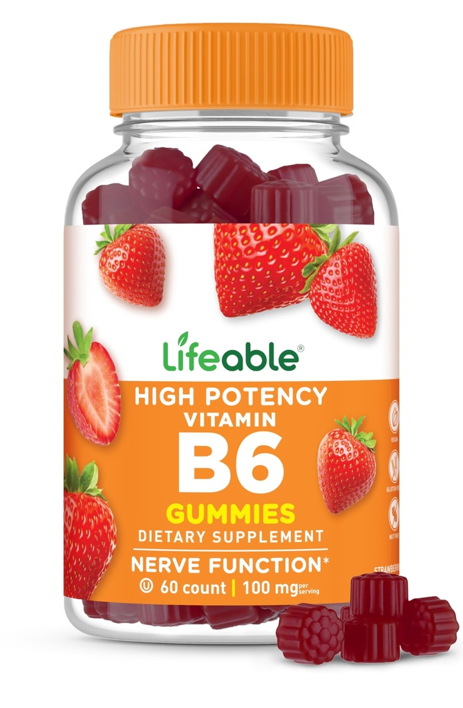 Żywa witamina B6 Gummie XI124; 100mg XI124; Great Tasting VIT B6 Supplement XI124; Vegan B6 Vitamin for Nerve Supplement Supplement XI124; Witamina B 6 dla dorosłych, mężczyzn, kobiet XI124; 60 Gummies