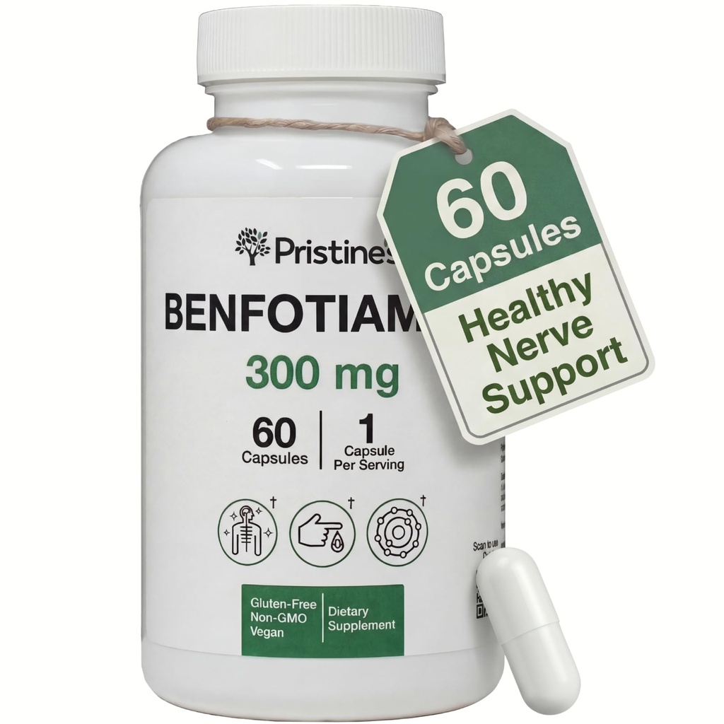 Benfotiamina PRISTINE 300 mg Wysoka dostępność biologiczna Suplement wsparcia dla nerwów - 60 Day Supply - Fat Rozpuszczalna witamina B1 Suplementy - Wegan - Non-GMO