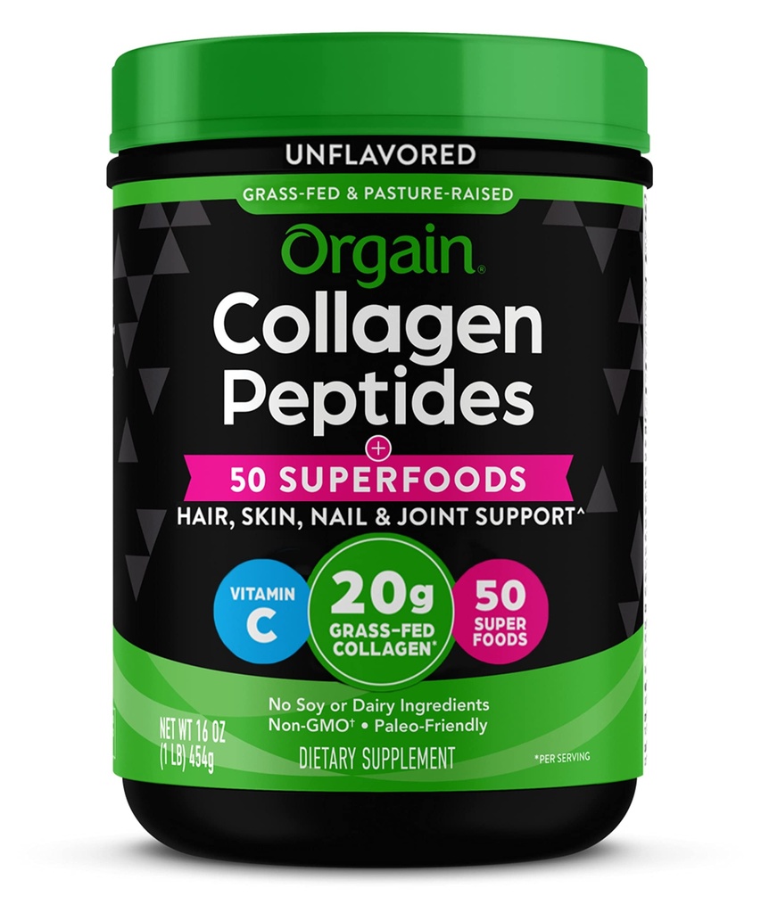 Orgain Zhydrolizowany Kolagen w proszku + 50 Organic Superfoods Dla Kobiet i Mężczyzn, 20g Kolagen żywiony trawą z witaminą C, Unflavored - Włosy, Skóra, Nail, & Suplement wsparcia wspólnego, Non-GMO, Typ I & III, 1lb