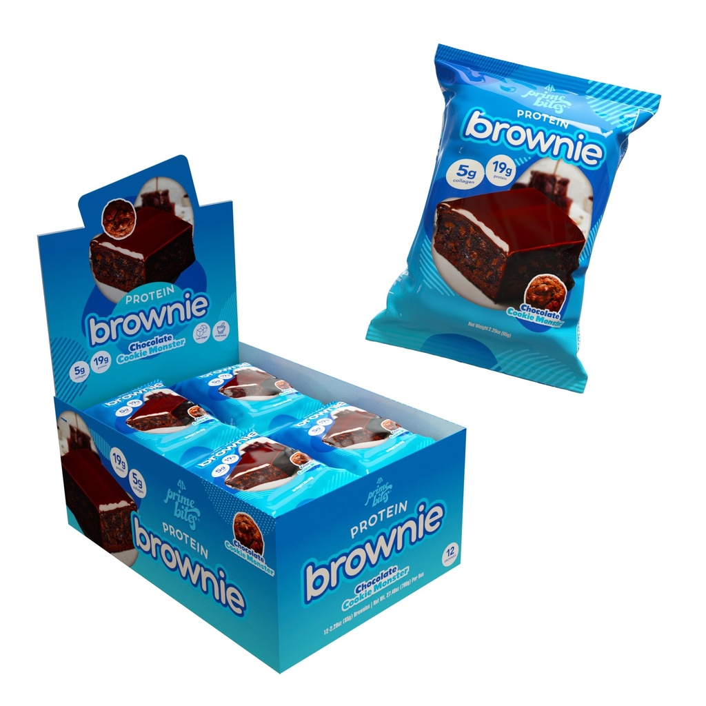 Prime Bites Protein Brownie z Alpha Prime Supplements Xi124; Wysokie białko, Collagen Fortified Low Sugar Treat Xion124; Pyszne przekąski Xion124; 12 barów na pudełko (czekoladowe ciasteczka Monster)