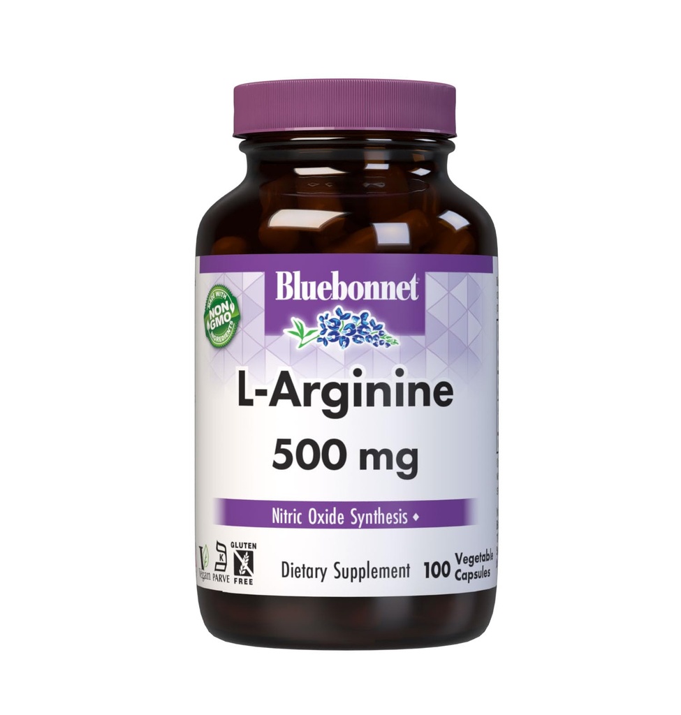 Bluebonnet Nutrition L- Arginine 500mg, Free- Form Amino Acid, Nitric Oxide Prekursor *, SoyFree, Gluten- Free, Non-GMO, Kosher Certified, Vegan, 100 Kapsułki roślinne, 100 Sług, Biały