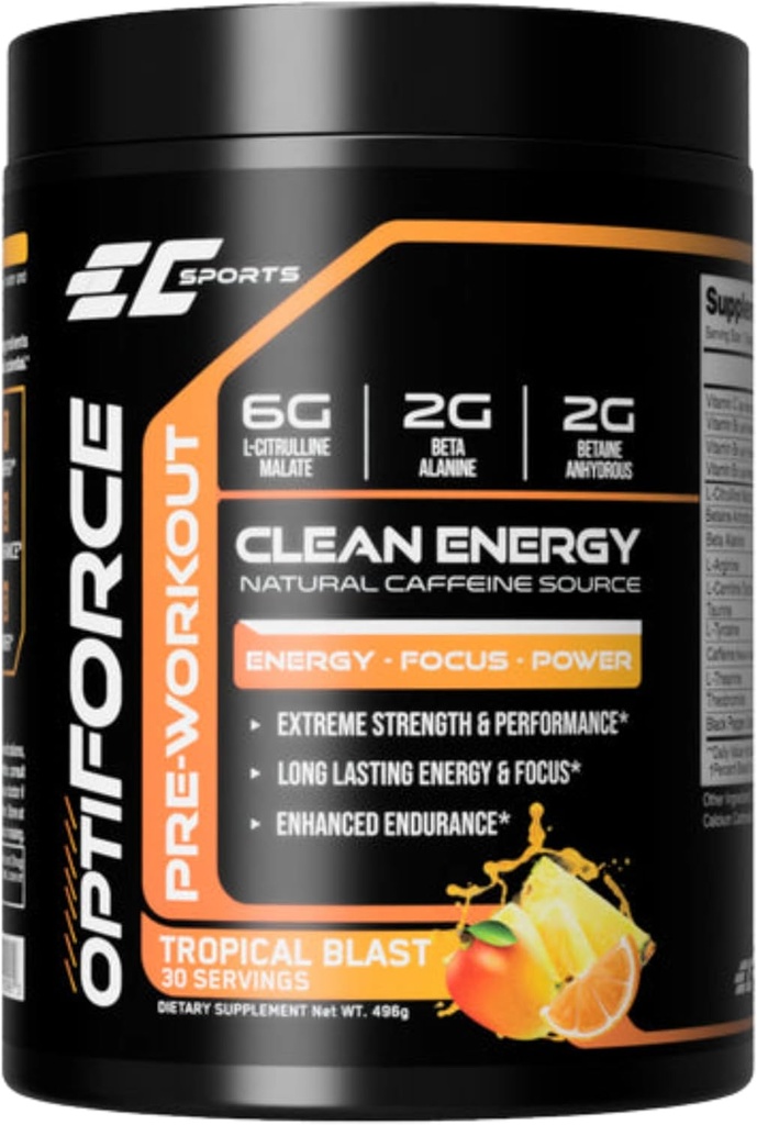EC Sports OptiForce Pre- Workout Tropical Blast Supplement Powder - Czysta energia i naturalna kofeina w / długotrwała trwałość i koncentracja - 30 Służenia