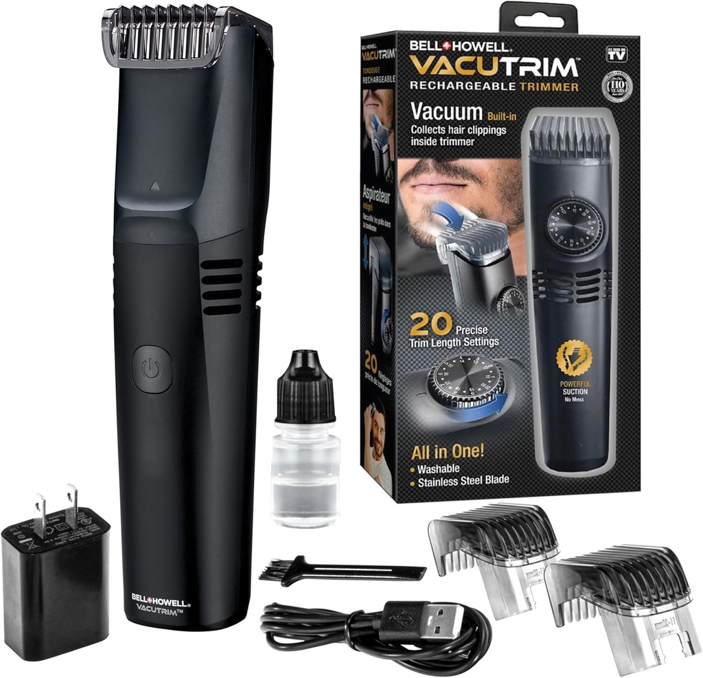 Vacutrim Cordless Mens Beard Trimmer, Rechared Electric Shaver z 20 Tim ustawienie kalibracji Dial i Built- w Vacuum dla wąsacza, Sideburns. Włosy na twarzy, czarny, 7.5, "Jak widziałem w telewizji