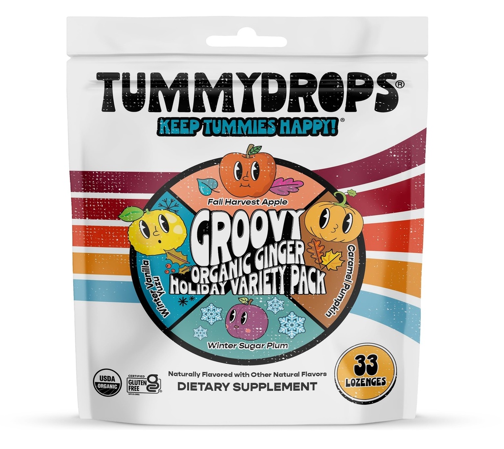 USDA Organic Ginger Holiday Variety Tummydrops (Mieszanka dyni karmelowej, Jesienne jabłko, Zima Yuzu & Sugar Plum Ginger Flavors). Torba z 33 różnymi kroplami. Certyfikowany Gluten Free.