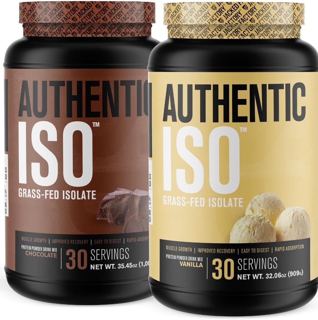 Jacked Factory Autentic ISO Grass Fed Whey Protein Isolate Powder - Niskie węglowodany, Non-GMO Muscle Building Protein w / No Fillers (Czekolada, 30sv) & (Vanilla, 30sv)
