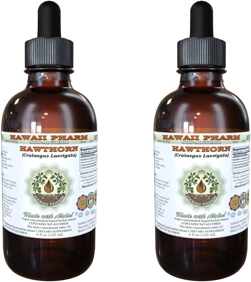 Hawthorn Alcohol- Free Liquid Extract, Organic Hawthorn (Crataegus Laevigata) Dried Leaf, Organic Flower and Stem Glycerite Hawaii Pharm Natural Herbal Supplement 2x4 oz
