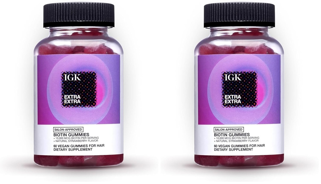 IGK Gumiaki do włosów Biotin 10,000mcg Biotin (60 Count), Strawberry Flavored, Gumiaki suplement wzrostu włosów do zdrowych włosów, Skóra i paznokcie, Wegan, Pomoc Walka z wypadem włosów i cieście (Pack of 2)