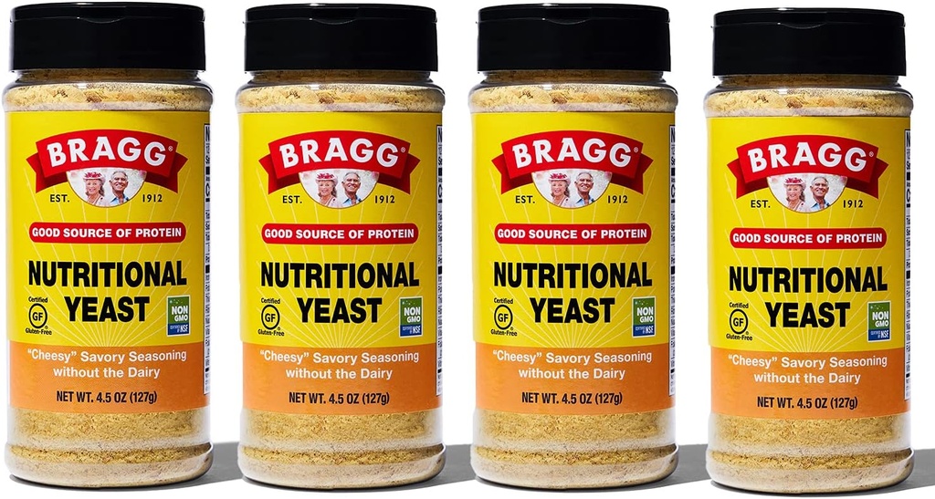 Bragg Nutritional Yeast Seasoning - Wegan, Gluten Free Cheese Flakes - Dobre źródło białka i witamin - odżywczy Savory Parmesan Cheese Substitute - Nie GMO Zweryfikowane, 4.5 unce, 4- Pack