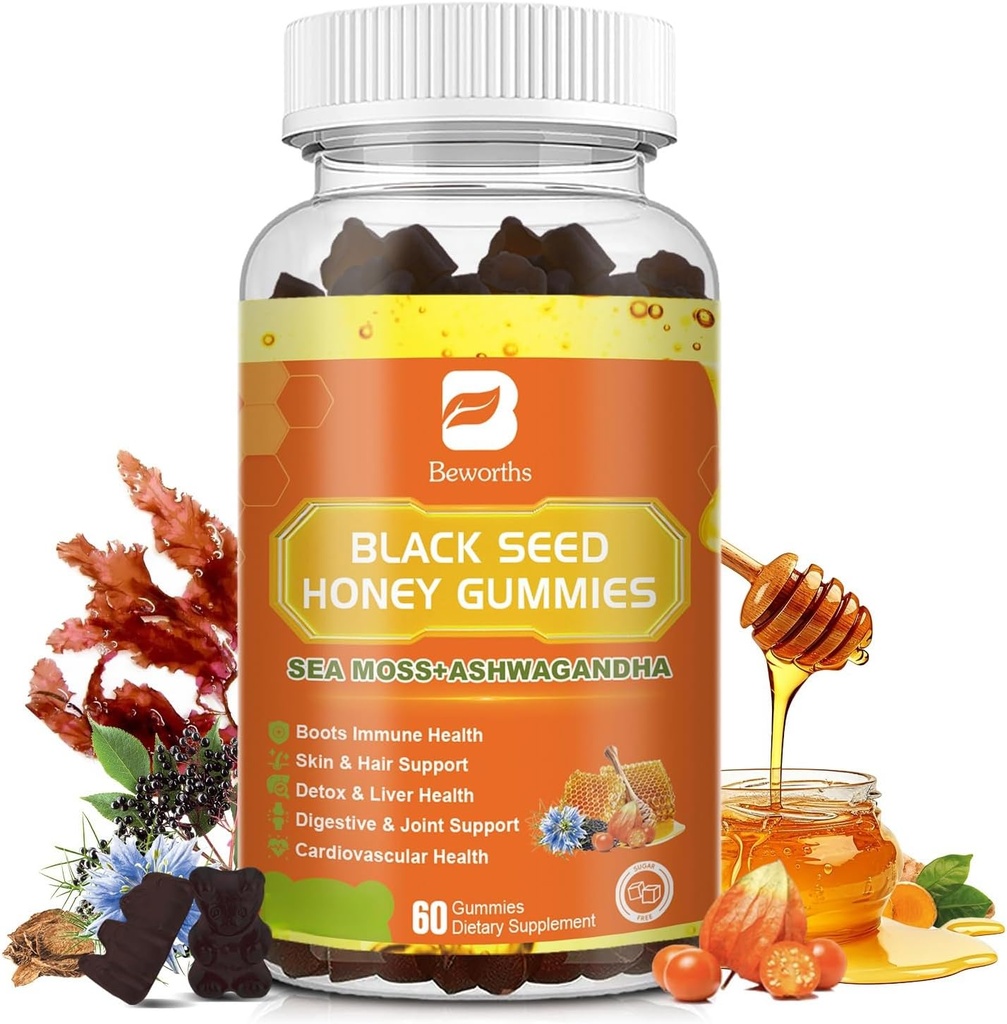 Czarne ziarno oleju Mech mech z Ashwagandha, Burdock Root, Miód Linden, Elderberry, Turmeric, Witamina C, D3 i Cynk - Wspiera Odporność, Łączniki, Trawienie, Włosy i Skóra, Wegańskie Gummies 60 Liczby