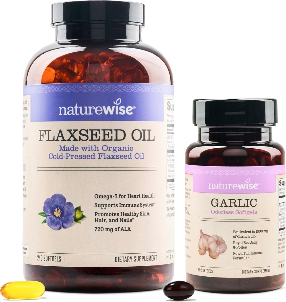 NatureWise Organic Flaxseed Oil Max 720mg ALA ASTI 124; Najwyższa potencja Flax Oil Omega 3 Czosnek bezogonowe Softgels 1500mg Wsparcie dla zębów i układu immunologicznego Zdrowie