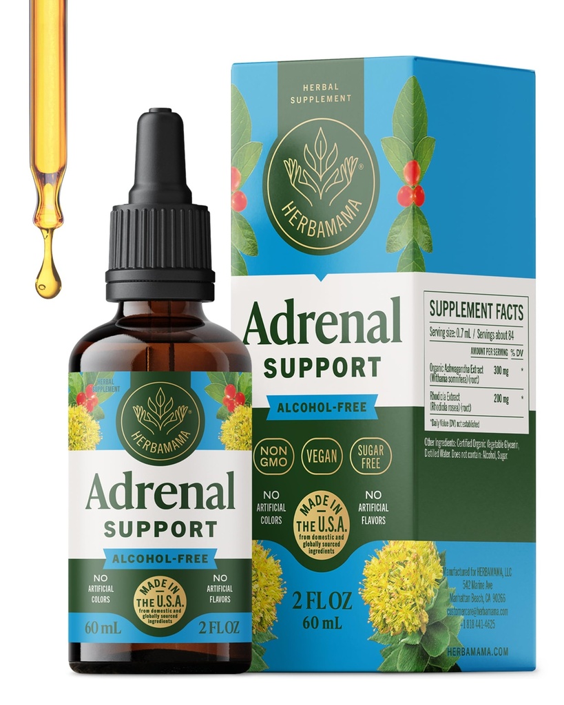 HERBAMAMA Wsparcie nadnerczy płynne krople - Wegańskie nalewka nadnercza z Ashwagandha Root & Rhodiola Rosea Extract - Non-GMO, Alkohol & Cukier - Bezpłatne Suplement - 28- Day Supply