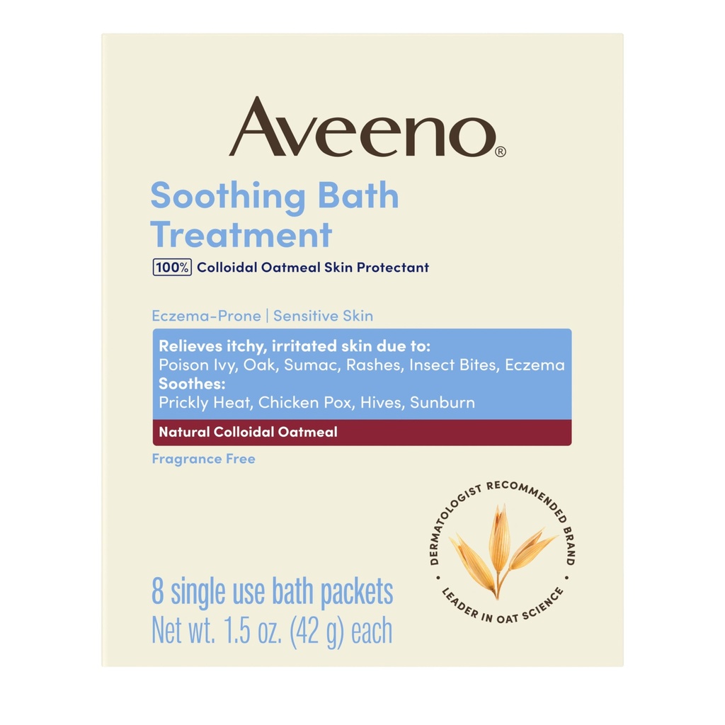 Aveeno Fragrance- Free Soothing Bath Treatment & Soak for Soothing Relief, 100% Natural Colloidal Oatpeed, Relieves Swędzenie, Nawadniane Skóra Ze względu na wyprysk, 8 Pojedyncze Use Bath Pakiety