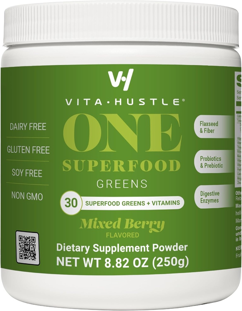 VitaHustle ONE Superfood Super Greens Powder with Prebiotics + Probiotics, Reduce Bloating, Detox, Gut Health, Spirulina, Chlorella, Digestive Enzymes (Berry Flavor, 25 Servings)