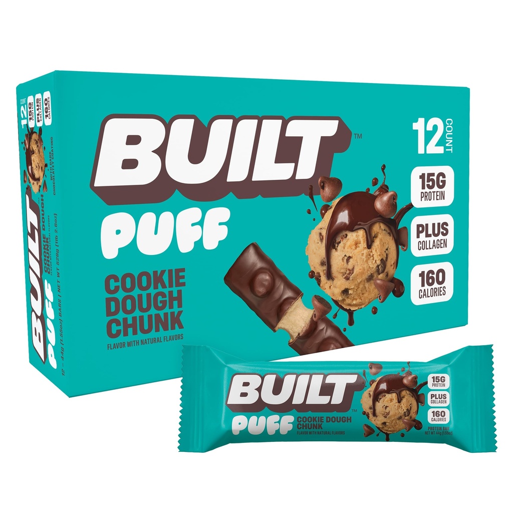 Built Bar, Puff Protein Bars, Cookie Dugh Chunk Puff, 15 g Protein Snacks, On- The- Bary, Tylko 160 Calories, 8g Sugar, Collagen, Nie Gluten Free, 12 Hrabia