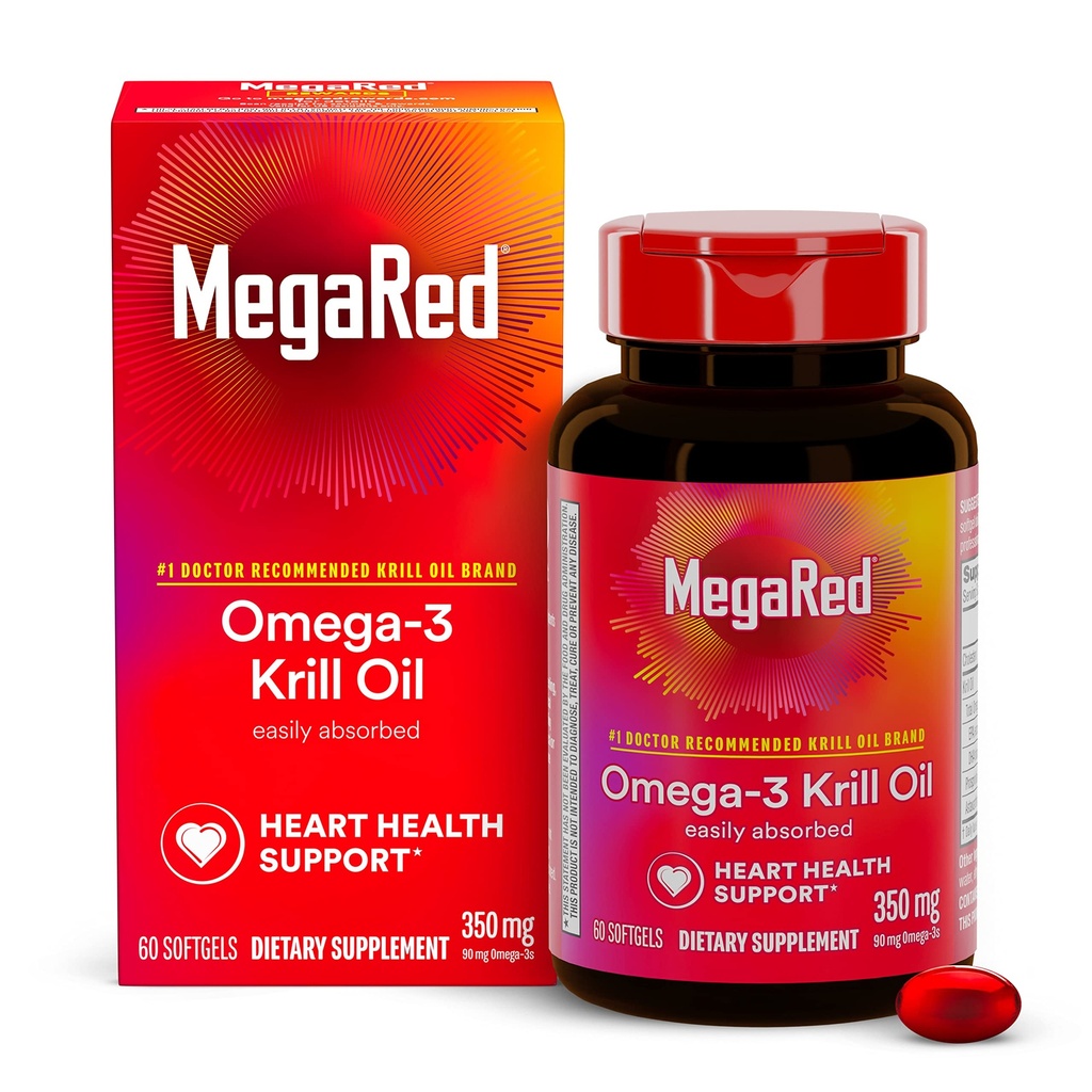 Omega-3 Oil kryll 350mg Softgels, MegaRed (60 Count In A Bottle), EPA & DHA Omega-3 Acids Fatty With No Fishy Aftersmast W przeciwieństwie do oleju rybnego, Zawiera przeciwutleniacz Astaksantyna