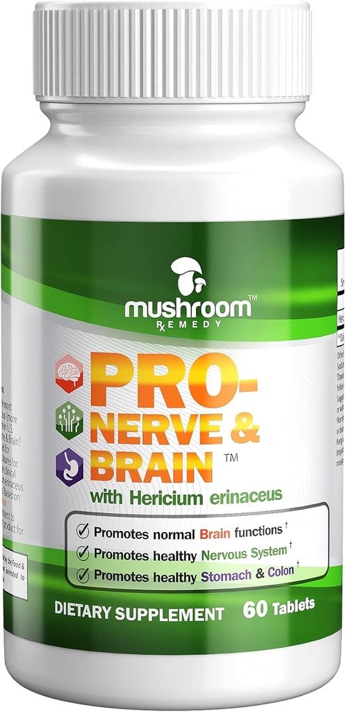 PRO- Nerve & Brain Description 124; All- Natural Herbal Supplement for Memory, System nerwowy, Stomach, Colon, Trakt pokarmowy, Klinicznie studiowane Mushroom Extract z grzybów Lwa, Wegan, Non-GMO, USA Made, 60 tabletek
