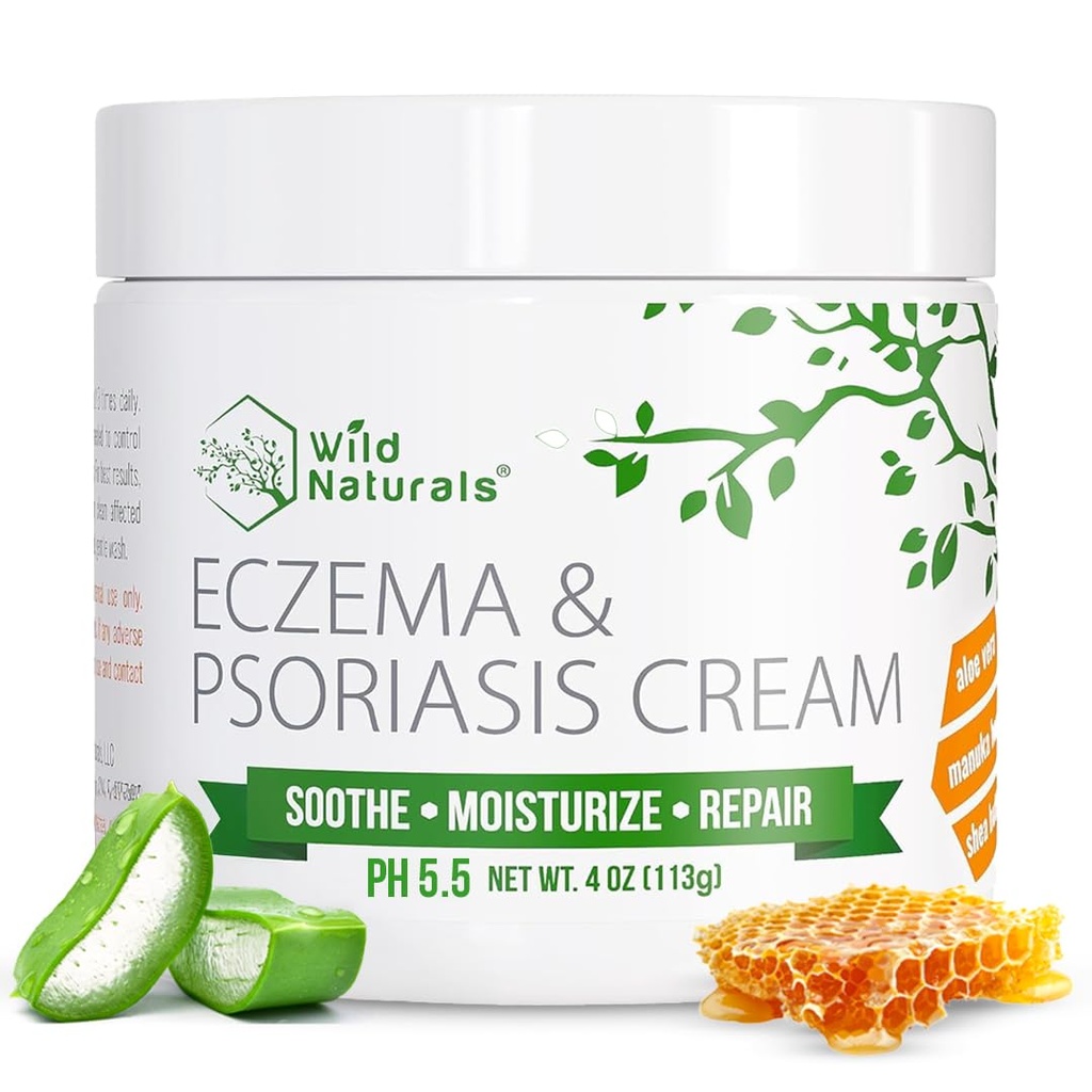 Wild Naturals Eczema & Łuszczyca Krem na suchą, swędzącą skórę - Eczema Relief dla dorosłych i dzieci - Nawilżający krem łuszczycowy z miodem Manuka